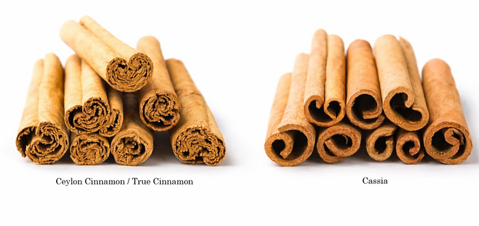 Ceylon cinnamon quills next to cassia sticks – showing the real difference in true cinnamon vs imposters