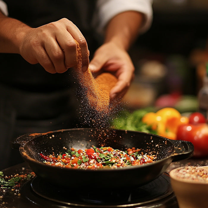 Chef using various spices in a cooking show scene – how to cook with Ceylon cinnamon and Sri Lankan spices