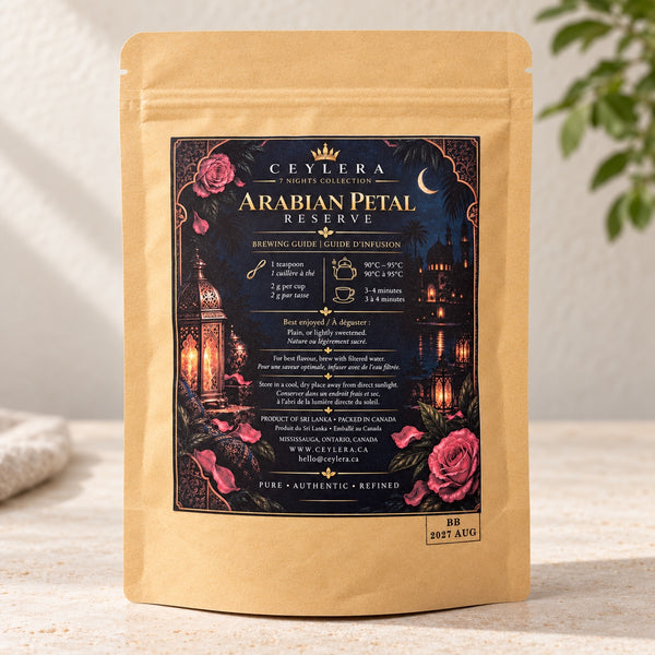 CEYLERA Arabian Petal Reserve 30 g tea pouch, back label and brewing guide