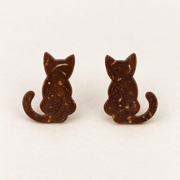 Brown Cat Silhouette Stud Earrings, studio pair on ivory background