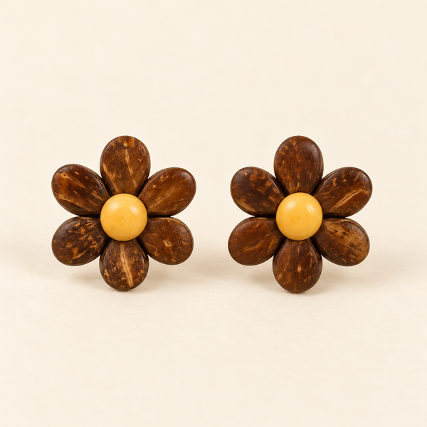 Brown Daisy Flower Stud Earrings, matching studio pair on an ivory background