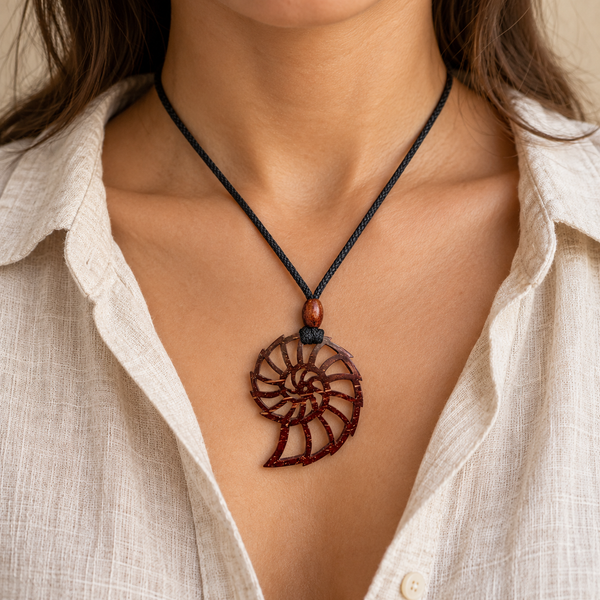 Fibonacci Spiral Coconut Shell Pendant Necklace, worn by an adult woman