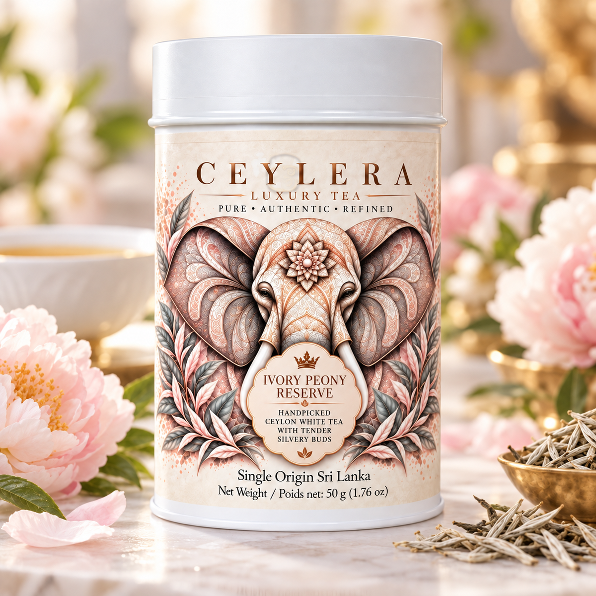 Ceylera Ivory Peony Reserve 50 g rare tea tin