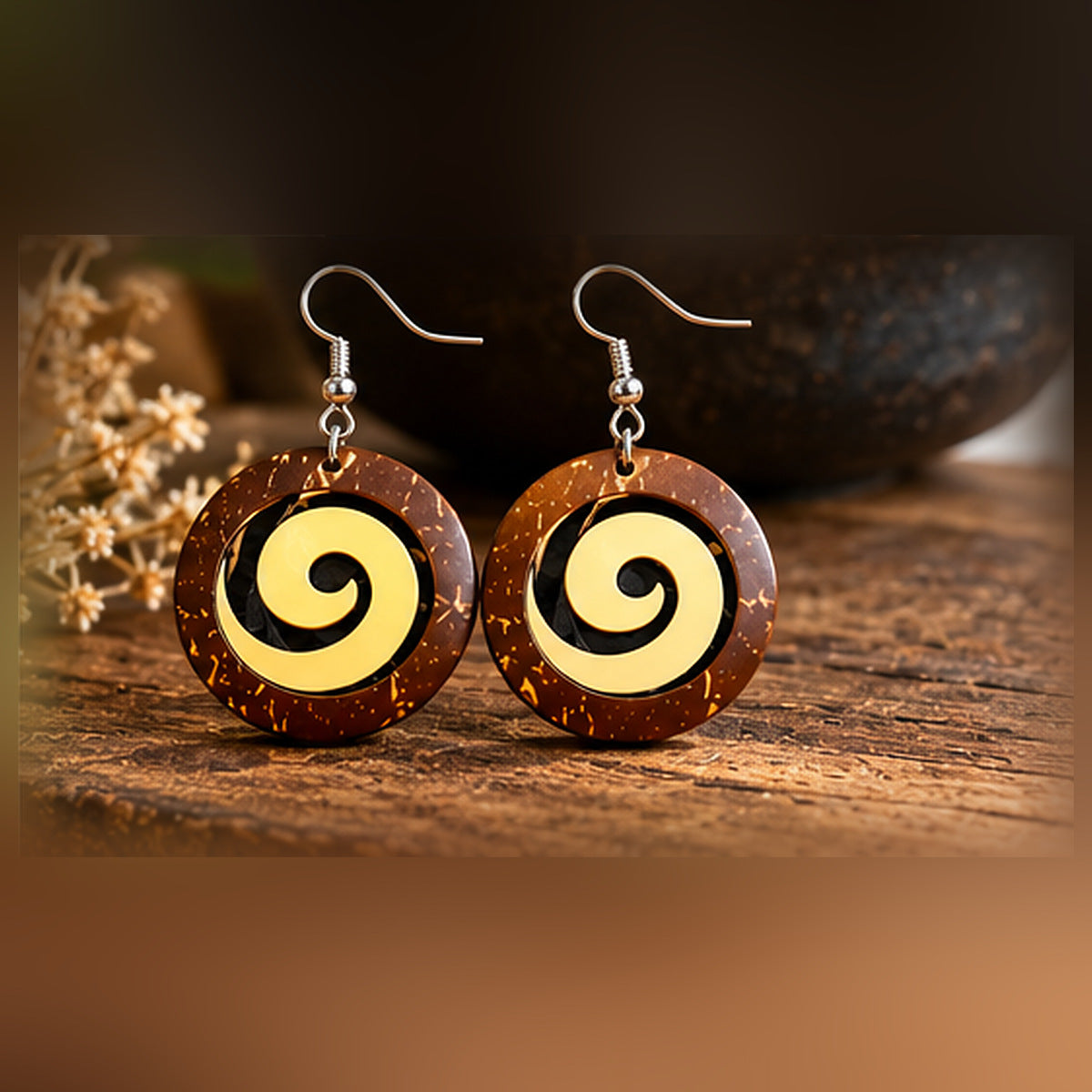 Pair of round brown earrings with gold-tone spiral designs on a rustic wood surface