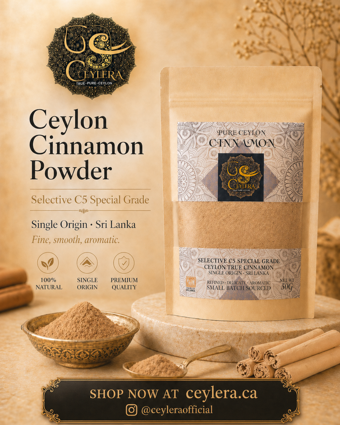Ceylera Reserve Ceylon cinnamon powder – finely ground true cinnamon from Sri Lanka