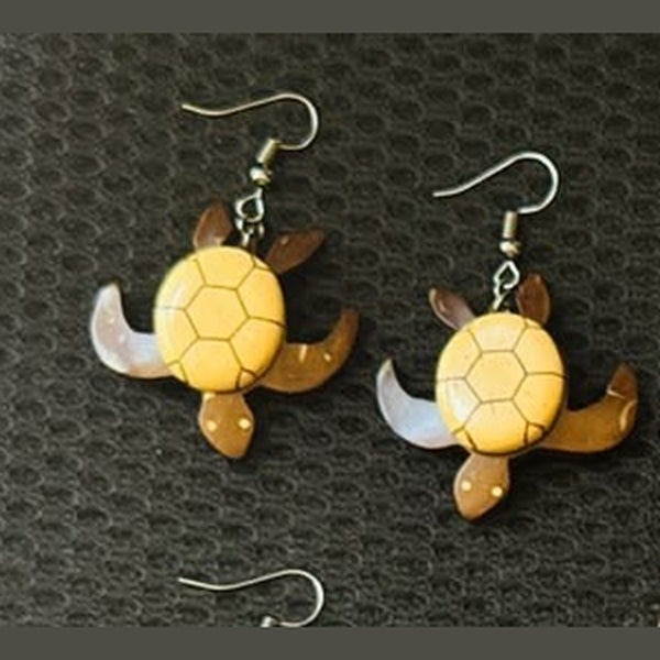 Pair of yellow and brown sea turtle dangle earrings with metal hooks