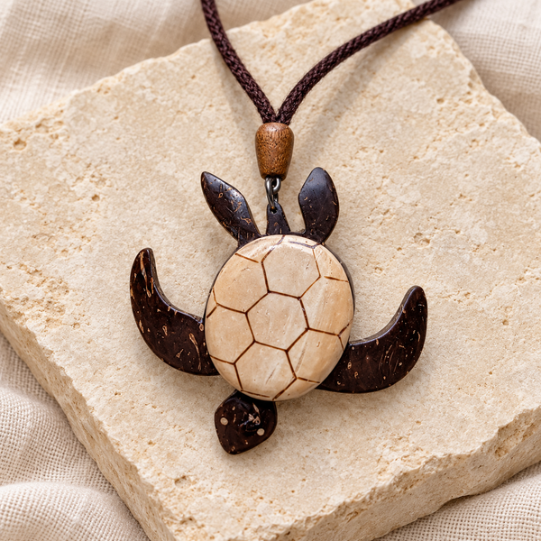 Swimming sea turtle coconut shell pendant necklace, on natural stone and linen