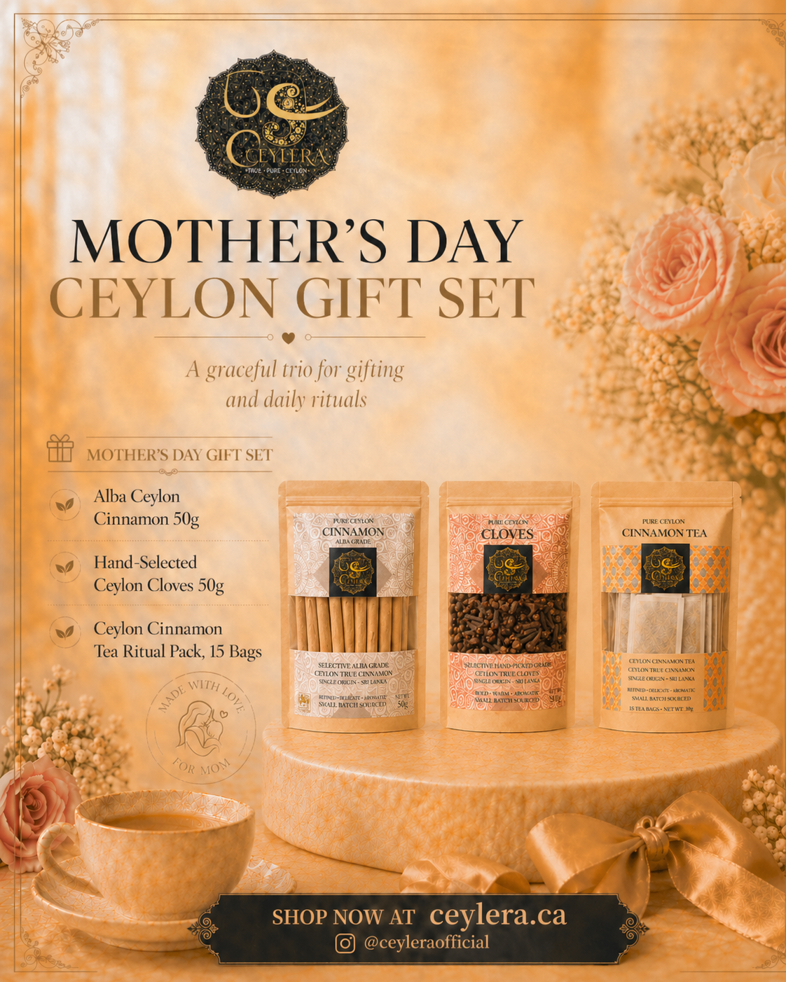Ceylera Signature Ceylon Mother's Day Gift Set – Alba cinnamon, cloves and tea